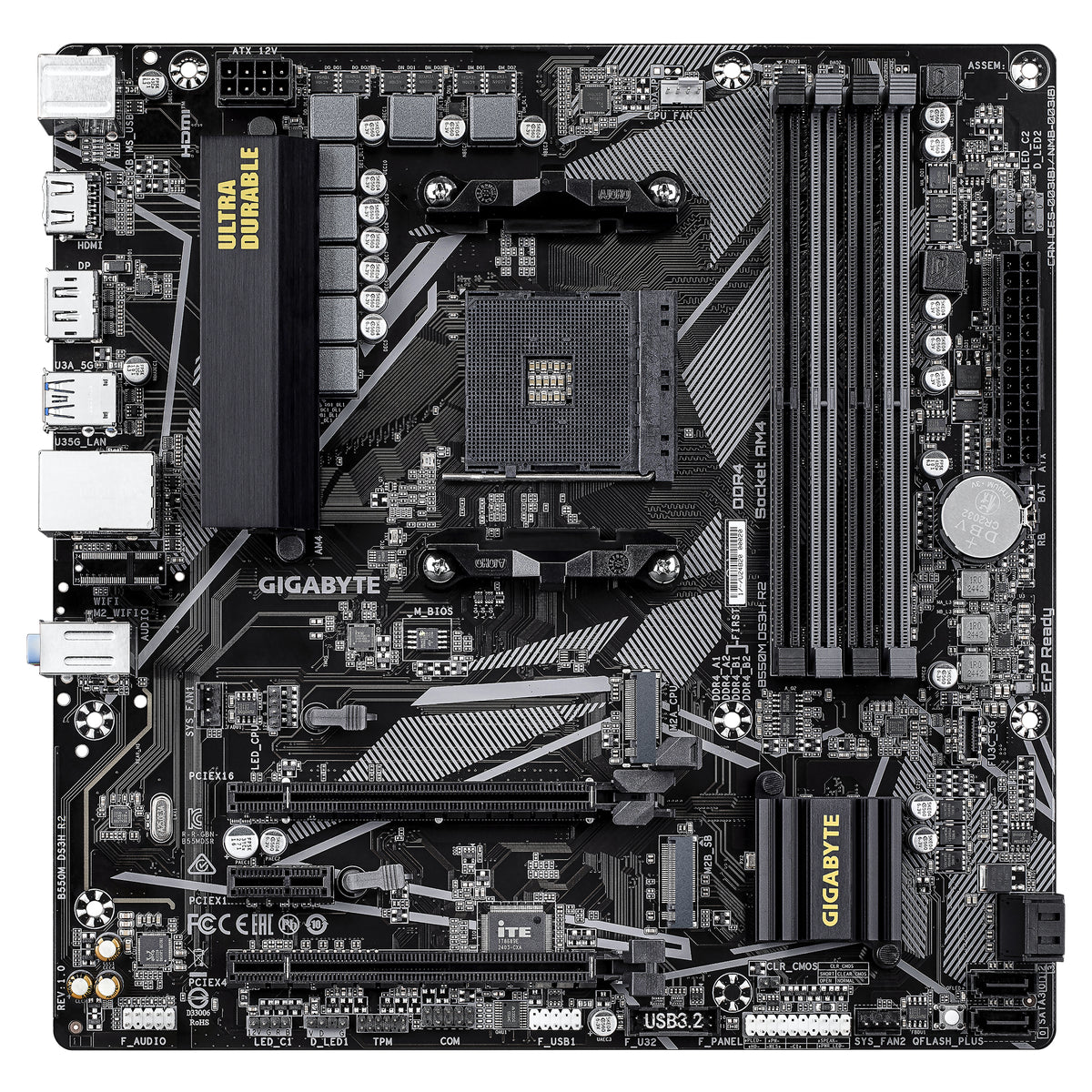 GIGABYTE B550M DS3H R2 Mainboard – AMD Ryzen 5000 Prozessoren, 5+3 Phasen VRM, bis zu 4733 MHz DDR4 (O.C.), 1x PCIe 4.0 + 1x PCIe 3.0 M.2, 1 GbE LAN, USB 3.2 Gen 1