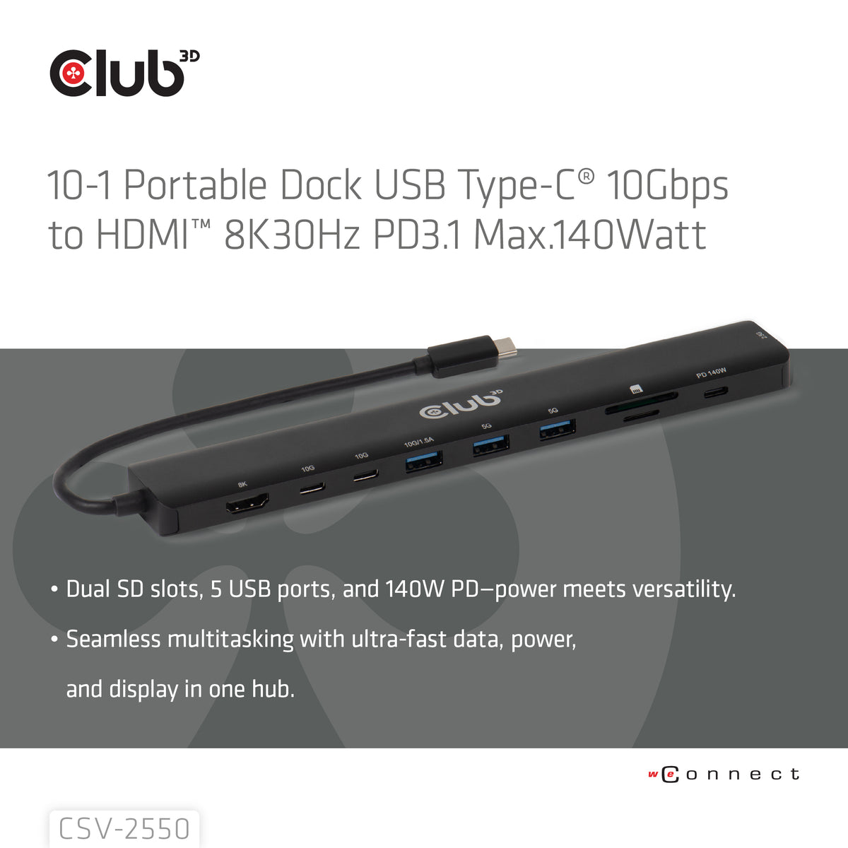 CLUB3D CSV-2550 laptop-dockingstation & portreplikator Kabelgebunden USB Typ-C Schwarz