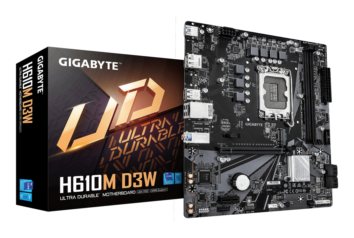 GIGABYTE H610M D3W Mainboard - Unterstützt Intel Core Prozessoren der 14. Generation, 5+1+1 Phasen VRM, bis zu 5600MHz DDR5, 1xPCIe 3.0 M.2, 1GbE LAN, USB 3.2 Gen 1