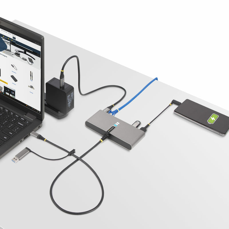 StarTech.com 2-Port USB-C Hub mit Ethernet und RS232 Port,USB-A Adapter, Ladefunktion 100W Power Delivery Pass-Through, 2x USB-A 5Gbps, Gigabit LAN, RS232 Seriell (FTDI)