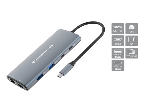 Conceptronic DONN06G 10-in-1 USB 3.2 Gen 1 Dockingstation, HDMI, 100W USB PD, USB-C 5Gbps x 2, USB-A 5Gbps x 3, SD, TF/MicroSD, GbE