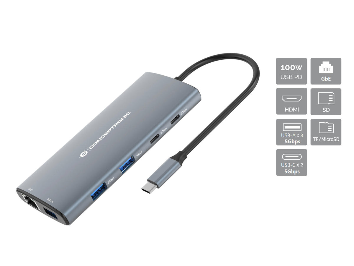 Conceptronic DONN06G 10-in-1 USB 3.2 Gen 1 Dockingstation, HDMI, 100W USB PD, USB-C 5Gbps x 2, USB-A 5Gbps x 3, SD, TF/MicroSD, GbE