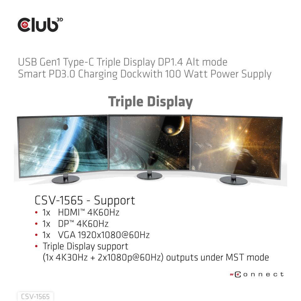 CLUB3D Dockingstation USB Gen1 Typ-C Dreifach-Display DP1.4 Alt-Modus Smart PD3.0 mit 100-Watt-Netzteil