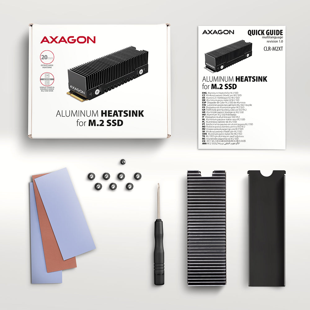 Axagon CLR-M2XT Aluminium-Passivkühler für einseitige und doppelseitige M.2-SSD-Festplatten, Größe 2280, Höhe 24 mm