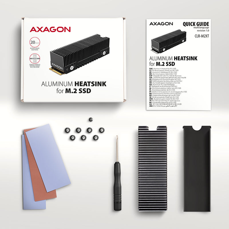 Axagon CLR-M2XT Aluminium-Passivkühler für einseitige und doppelseitige M.2-SSD-Festplatten, Größe 2280, Höhe 24 mm