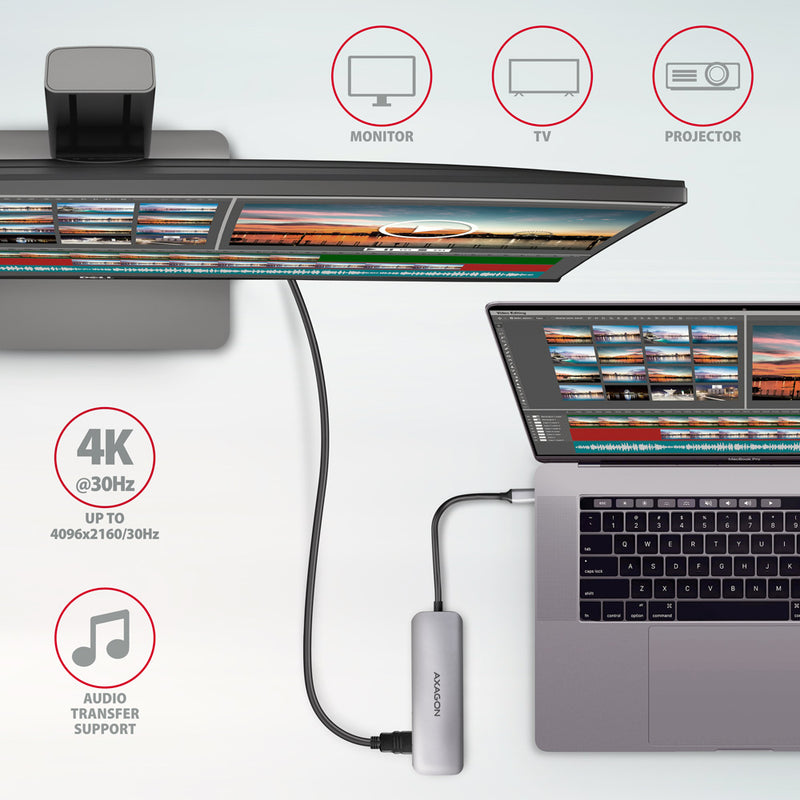 Axagon HMC-HCR3A 3x USB-A+ HDMI+ SD/microSD USB-C 3.2 Gen 1 hub 20cm Kabelgebunden USB 3.2 Gen 1 (3.1 Gen 1) Type-C Grau