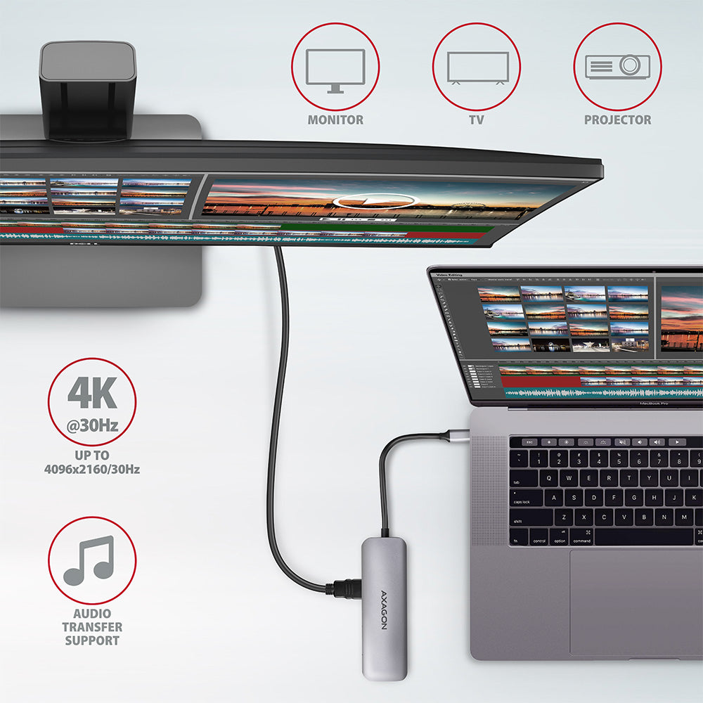Axagon HMC-5 USB 3.2 Gen 1 hub, 2x USB-A, HDMI, SD/microSD, PD 100W