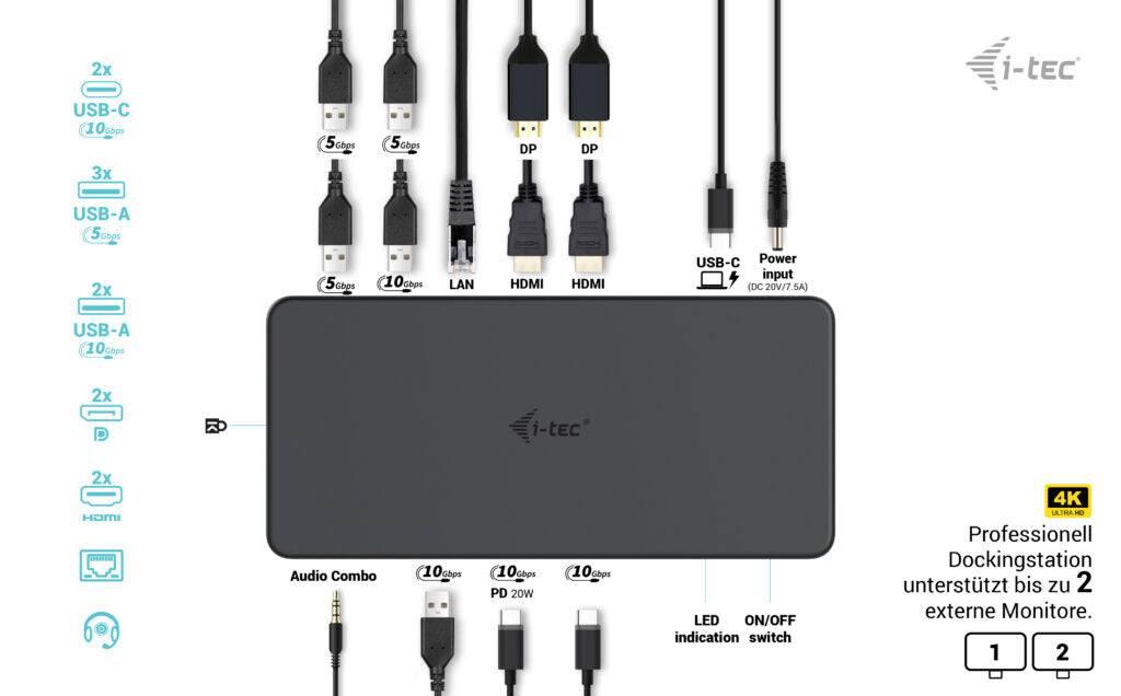 i-tec USB 3.0 / USB-C / Thunderbolt 3 Professional Dual 4K Display Docking Station Generation 2 + Power Delivery 100W