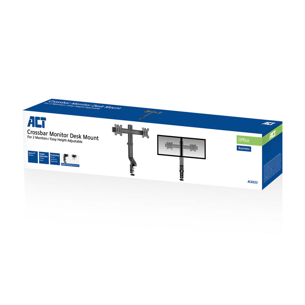 Supporto da tavolo per monitor ACT con barra trasversale, 2 schermi fino a 27", con vite a testa zigrinata