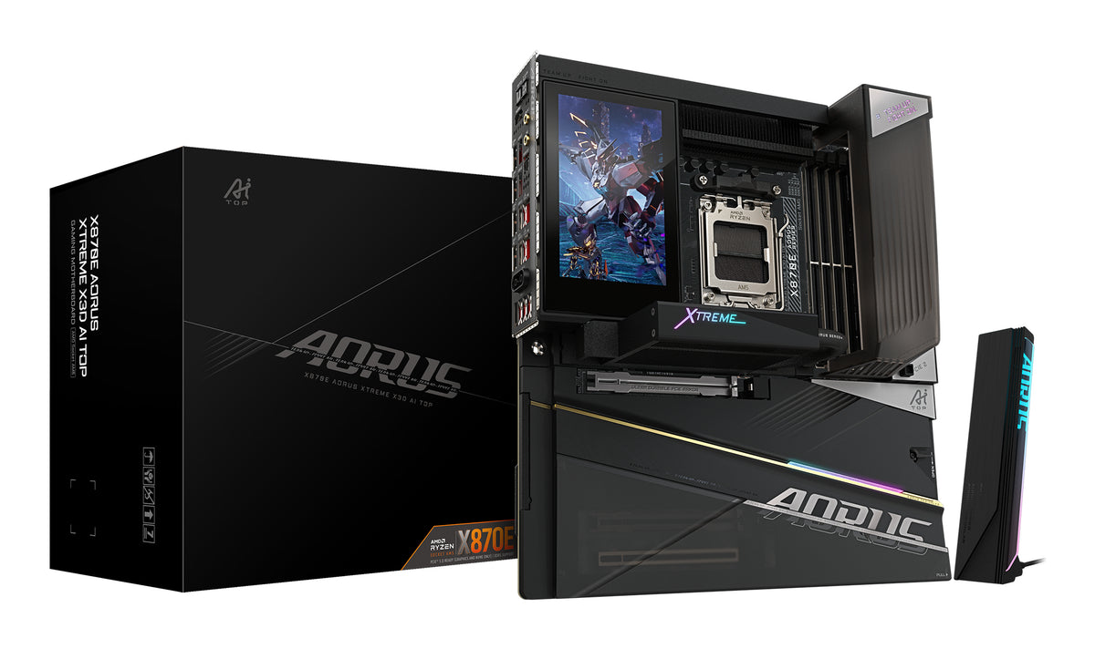 GIGABYTE X870E AORUS XTREME X3D AI TOP Mainboard - Unterstützt AMD Ryzen 9000 Serie CPUs, 24+2+2-Phasen-VRM, bis zu 9000MHz DDR5 (O.C.), 2xPCIe 5.0 M.2 + 3xPCIe 4.0 M.2, Wi-Fi 7, 10GbE LAN, USB 4