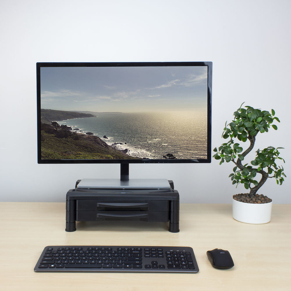 Supporto per monitor ACT extra largo con due cassetti, regolabile in altezza