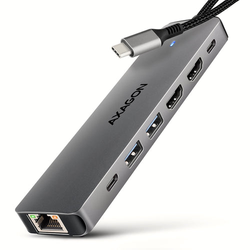 Axagon HMC-7HX2 USB 5Gbps hub, 2x USB-A, USB-C, 2x HDMI 4k/60Hz, RJ-45, PD 100W