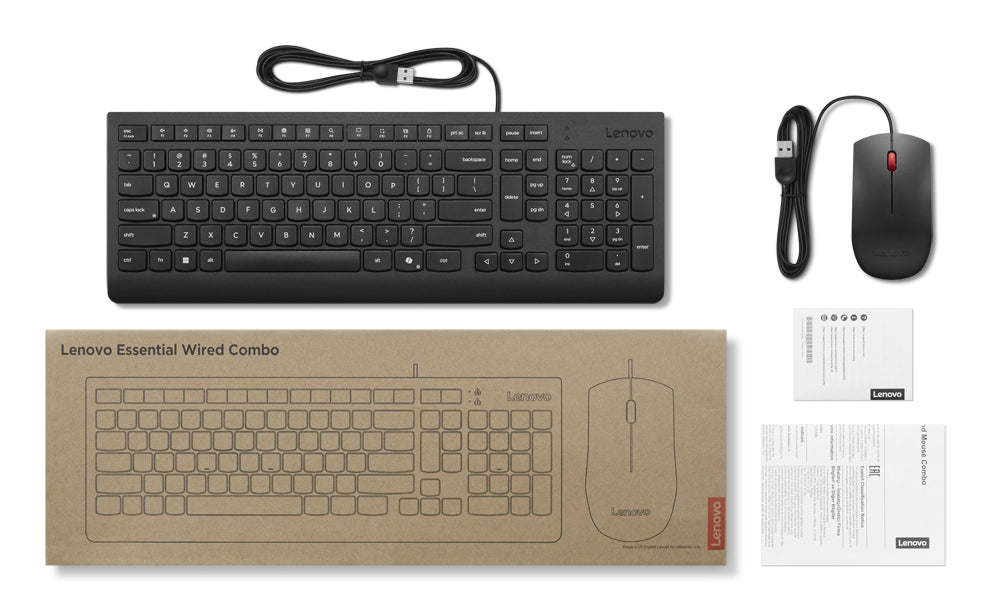 Lenovo Essential Wired Combo Black US Euro Tastatur Maus enthalten Universal USB Schwarz