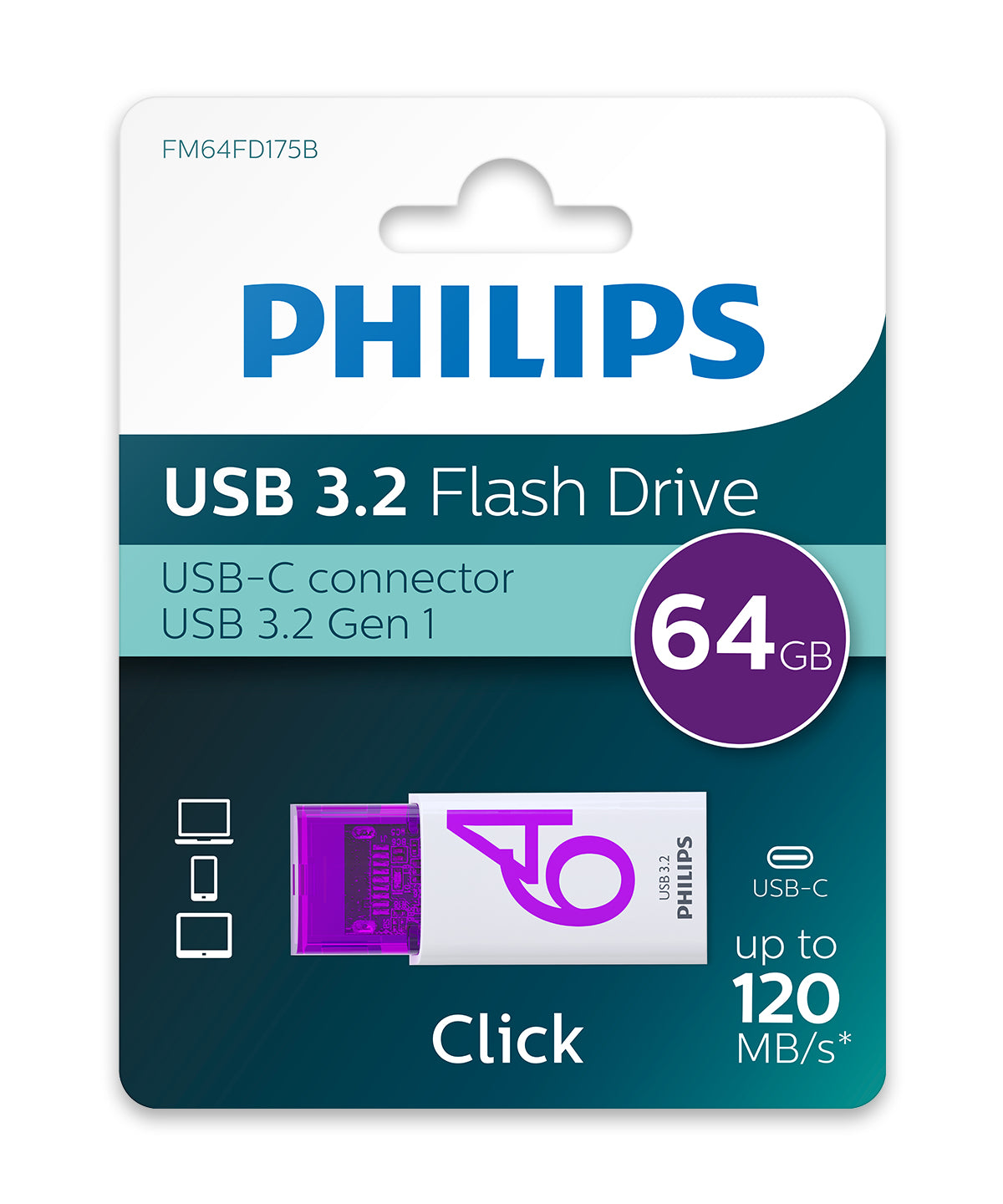 Philips Click USB-Stick 64 GB USB Typ-C 3.2 Gen 1 (3.1 Gen 1) Violett, Weiß