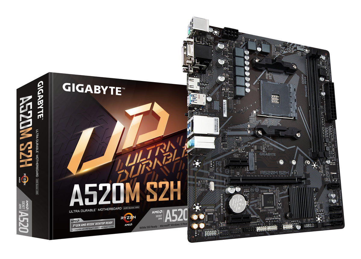 GIGABYTE A520M S2H Mainboard - Unterstützt AMD Ryzen 5000 Serie AM4 CPUs, 4+3 Phasen reines digitales VRM, bis zu 5100MHz DDR4 (OC), PCIe 3.0 x4 M.2, GbE LAN, USB 3.2 Gen 1