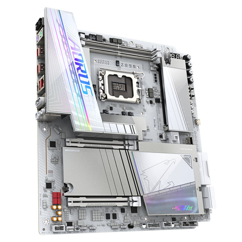 GIGABYTE Z890 AORUS TACHYON ICE Mainboard – Intel Core Ultra (Serie 2) Prozessoren, 18+1+2 Phasen VRM, bis zu 9500 MHz DDR5 (O.C), 1 x PCIe 5.0 + 3 x PCIe 4.0, Wi-Fi 7, 5 GbE LAN, USB 3.2 Gen 2x2