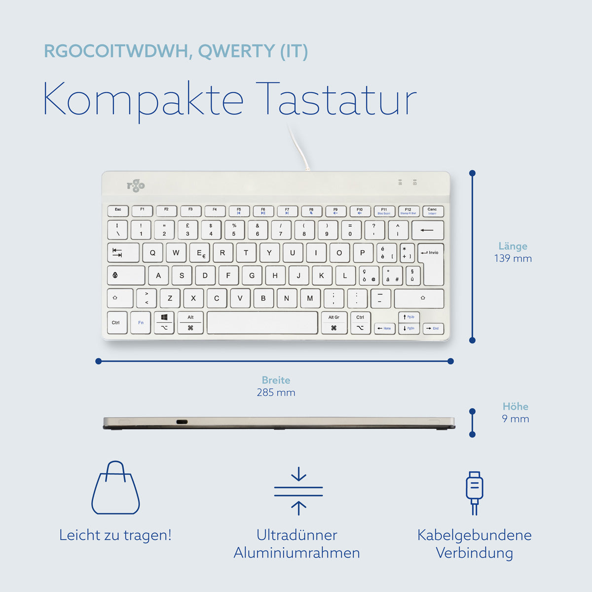 R-Go Tools Ergonomische Tastatur R-Go Compact Break, kompakte Tastatur mit Pausensoftware, QWERTY (IT), Kabelgebunden, Weiß