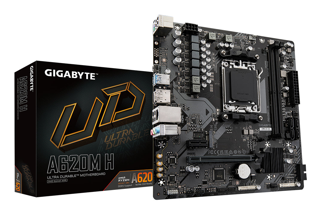 GIGABYTE A620M H Motherboard - Unterstützt AMD Ryzen 8000 CPUs, 5+2+2 Phasen Digital VRM, bis zu 7200MHz DDR5 (OC), 1xPCIe 4.0 M.2, GbE LAN, USB 3.2 Gen 1