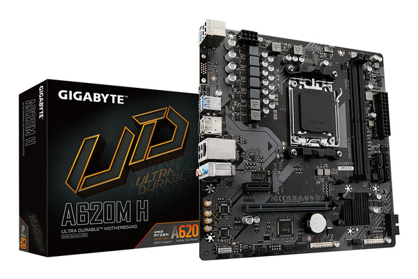 GIGABYTE A620M H Motherboard - Unterstützt AMD Ryzen 8000 CPUs, 5+2+2 Phasen Digital VRM, bis zu 7200MHz DDR5 (OC), 1xPCIe 4.0 M.2, GbE LAN, USB 3.2 Gen 1