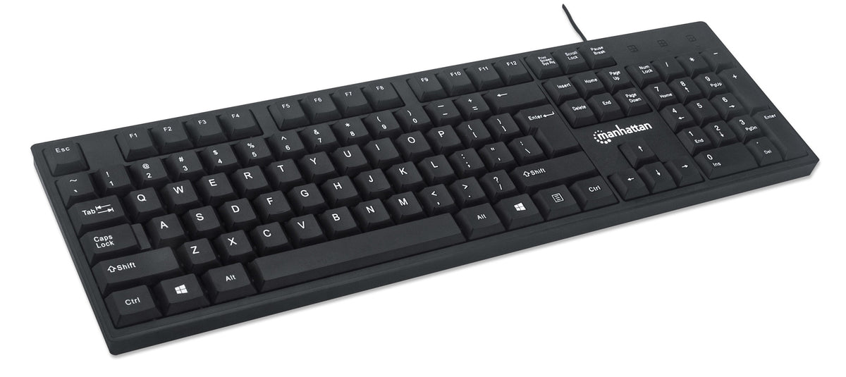 Manhattan USB-Tastatur, Kabelgebunden, 104 Tasten, integriertes USB-Kabel, LED-Anzeigen, schwarz
