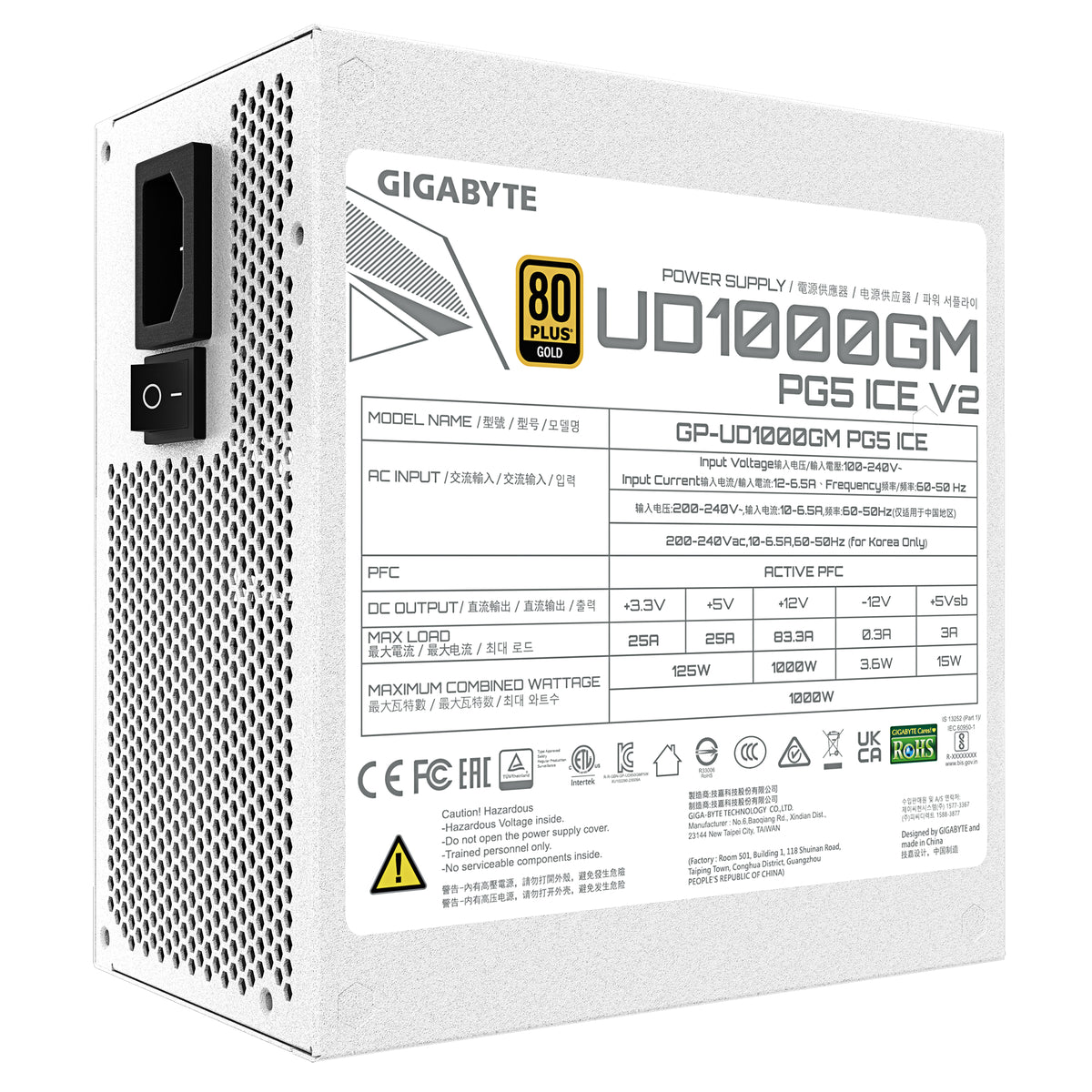GIGABYTE UD1000GM PG5 V2 ICE Netzteil – PCIe Gen 5.1, 80 PLUS Gold, Vollmodulares Design, 120-mm-Lüfter, ATX 3.1-kompatibel, EU-Stecker