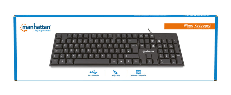 Manhattan USB-Tastatur, Kabelgebunden, 104 Tasten, integriertes USB-Kabel, LED-Anzeigen, schwarz