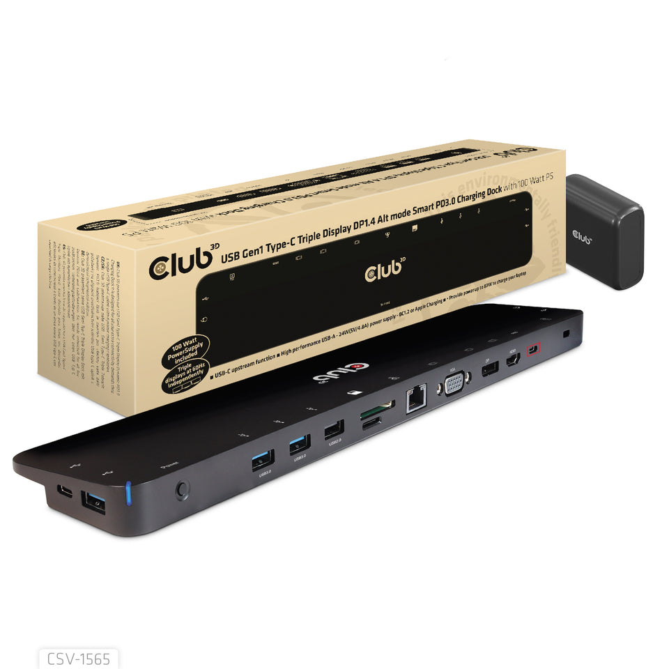 Station d'accueil CLUB3D USB Gen1 Type-C Triple Écran DP1.4 Mode Alt Smart PD3.0 avec adaptateur secteur 100 W