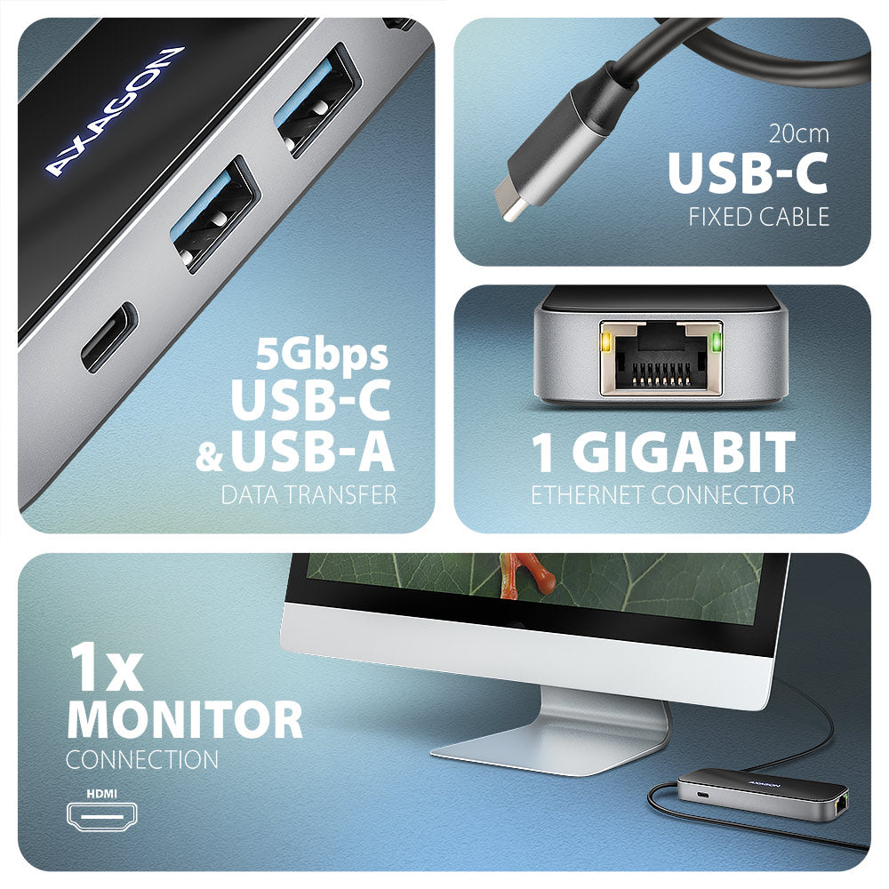 Axagon HMC-6GLN USB 5Gbps hub, 2x USB-A, USB-C, HDMI 4k/60Hz, RJ-45, PD 100W, USB-C Kabel