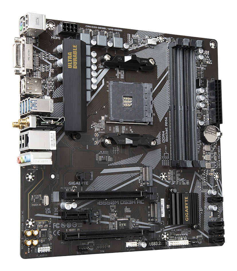 GIGABYTE B550M DS3H AC Mainboard – AMD Ryzen 5000 CPUs, 5+3 Phasen VRM, bis zu 4733 MHz DDR4, 1xPCIe 4.0 + 1xPCIe 3.0 M.2, Wi-Fi 5, 1GbE LAN, USB 3.2 Gen 1