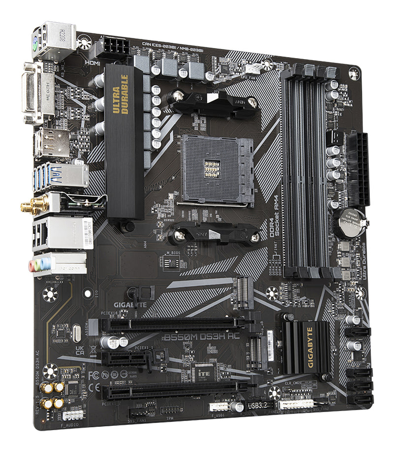 GIGABYTE B550M DS3H AC Mainboard – AMD Ryzen 5000 CPUs, 5+3 Phasen VRM, bis zu 4733 MHz DDR4, 1xPCIe 4.0 + 1xPCIe 3.0 M.2, Wi-Fi 5, 1GbE LAN, USB 3.2 Gen 1