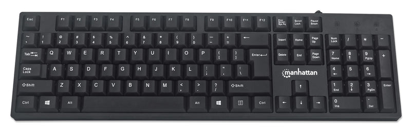 Manhattan USB-Tastatur, Kabelgebunden, 104 Tasten, integriertes USB-Kabel, LED-Anzeigen, schwarz