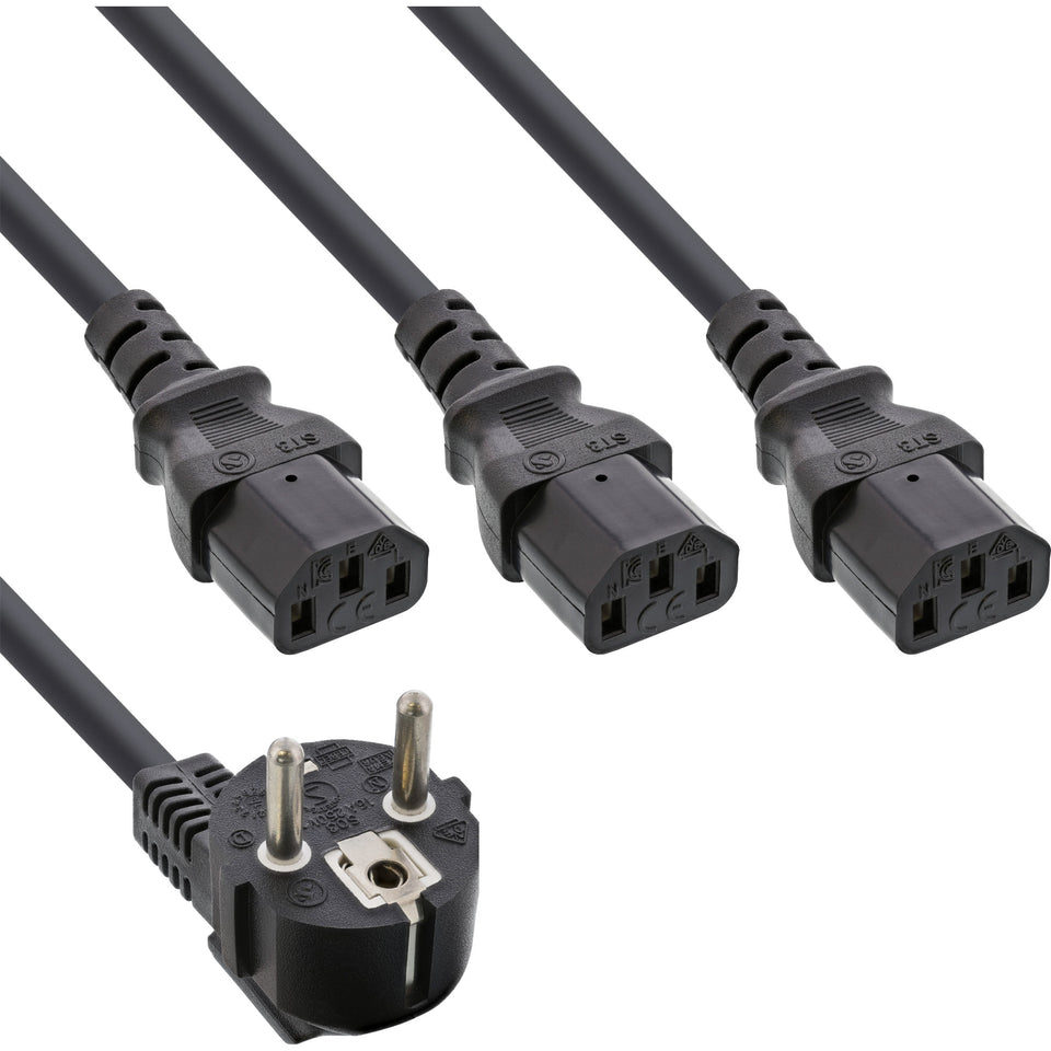 InLine Netz-Y-Kabel, 1x Schutzkontakt ST / 3x Kaltgeräte ST, Ver. 1 (2m+1/2/3m)