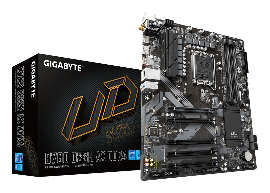 GIGABYTE B760 DS3H AX DDR4 Mainboard - Unterstützt Intel Core Prozessoren der 14. Generation, 8+2+1 Phasen digitales VRM, bis zu 5333MHz DDR4 (OC), 2x PCIe 4.0 M.2, Wi-Fi 6E, GbE LAN, USB 3.2 Gen 2