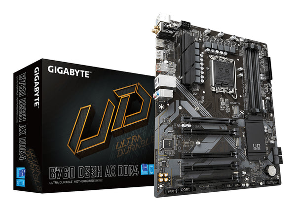 GIGABYTE B760 DS3H AX DDR4 Mainboard - Unterstützt Intel Core Prozessoren der 14. Generation, 8+2+1 Phasen digitales VRM, bis zu 5333MHz DDR4 (OC), 2x PCIe 4.0 M.2, Wi-Fi 6E, GbE LAN, USB 3.2 Gen 2