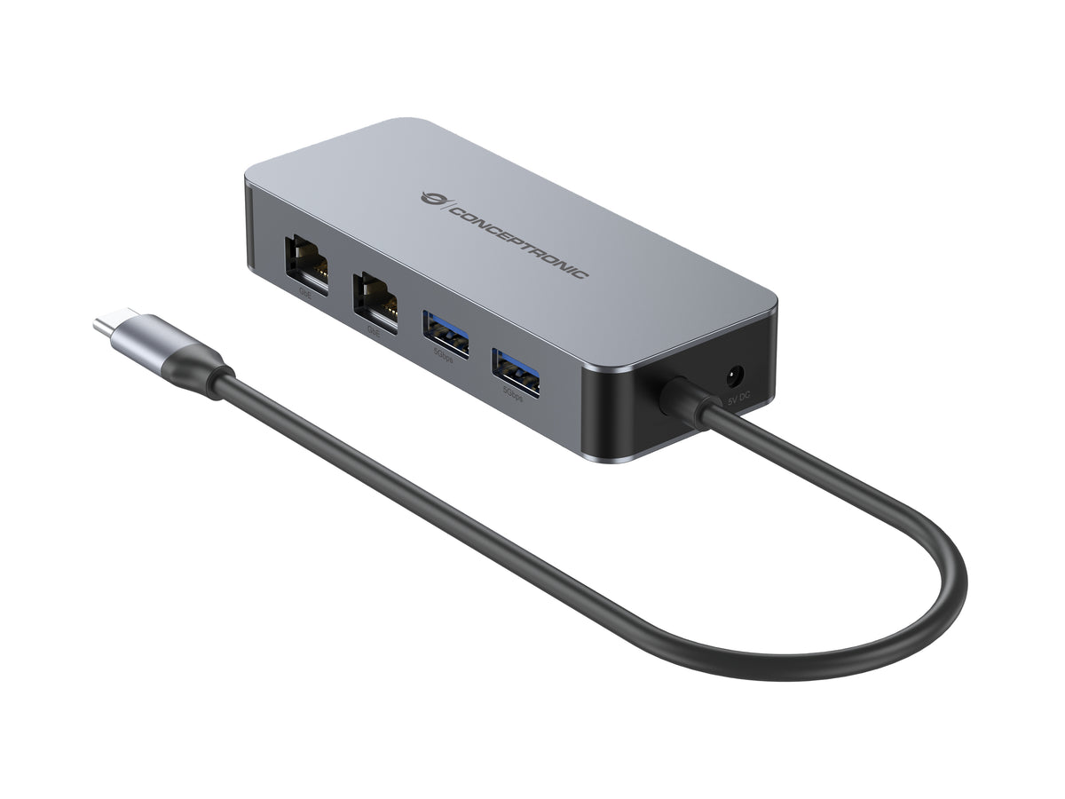 Conceptronic ABBY24G USB-C-auf-Dual-Port-Gigabit-Netzwerkadapter mit 2-Port-USB-Hub