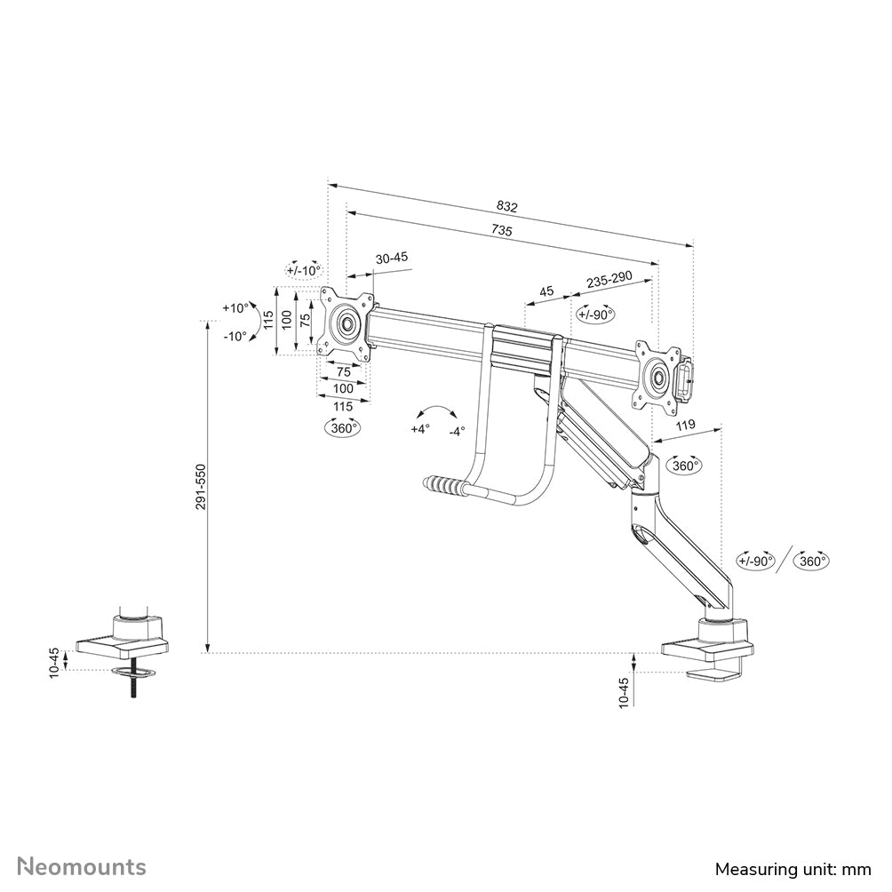 Neomounts DS75-450BL2 Monitorarm 17-32" - Gasfeder - Topfix - 180°-Stopp