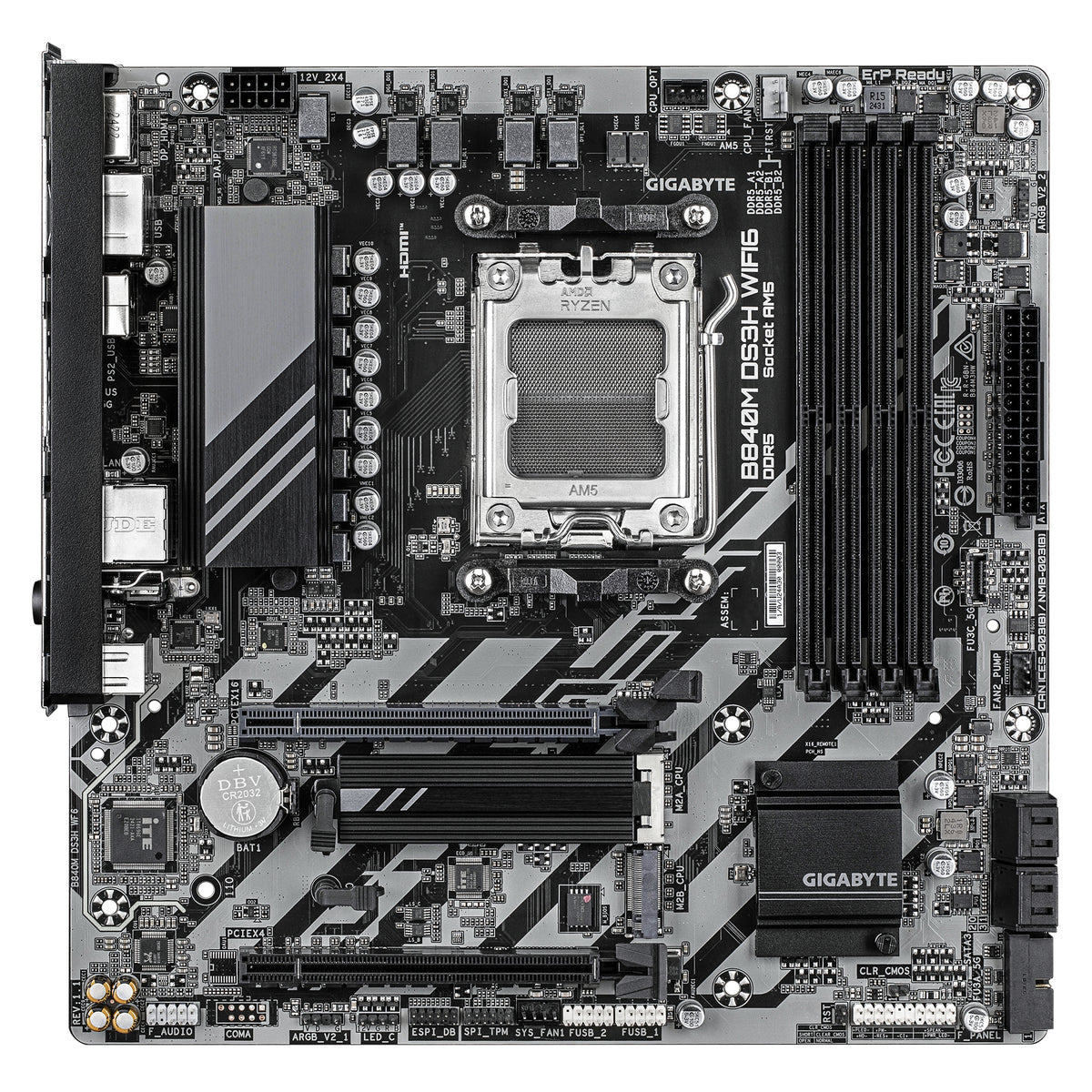 GIGABYTE B840M DS3H WIFI6 Mainboard – AMD Ryzen 9000 Prozessoren, 8+2+2 Phasen VRM, bis zu 8200 MHz DDR5, 2 x PCIe 4.0 M.2, Wi-Fi 6, 2,5 GbE LAN, USB 3.2 Gen 1