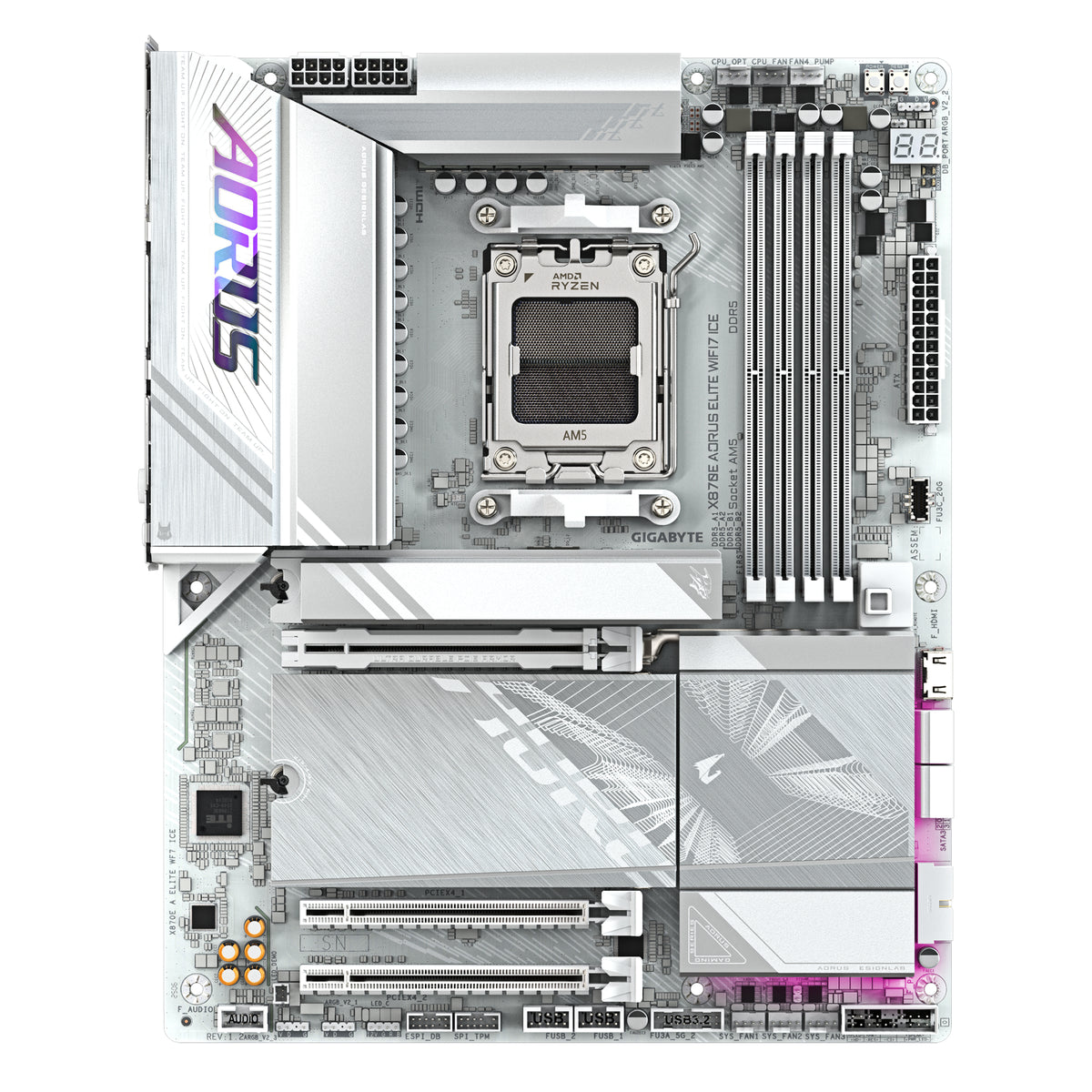 GIGABYTE X870E AORUS ELITE WIFI7 ICE Mainboard – Unterstützt AMD Ryzen 9000 Prozessoren, digitales 16+2+2 Phasen VRM, bis zu 8200 MHz DDR5 (O.C.), 3x PCIe 5.0 + 1x PCIe 4.0, Wi-Fi 7, 2.5 GbE LAN, USB 4