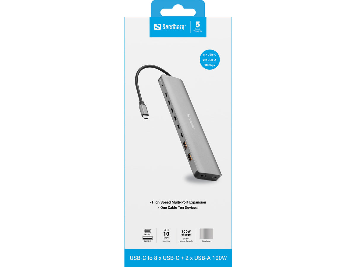 Sandberg 136-80 laptop-dockingstation & portreplikator Kabelgebunden USB 3.2 Gen 2 (3.1 Gen 2) Type-C Grau