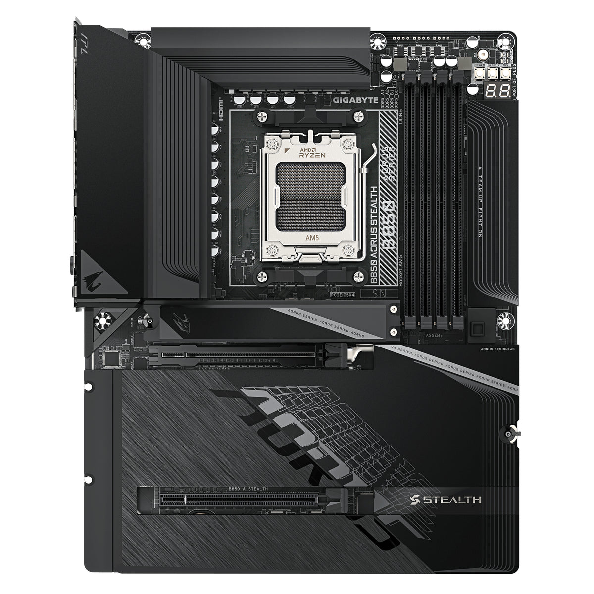 GIGABYTE B850 AORUS STEALTH Mainboard – AMD Ryzen 9000 Series CPUs, digitales 14+2+2-Phasen-VRM, bis zu 8200 MHz DDR5 (O.C.), 2× PCIe-5.0-M.2 + 2× PCIe-4.0-M.2, Wi-Fi 7, 5-GbE-LAN, USB 3.2 Gen 2