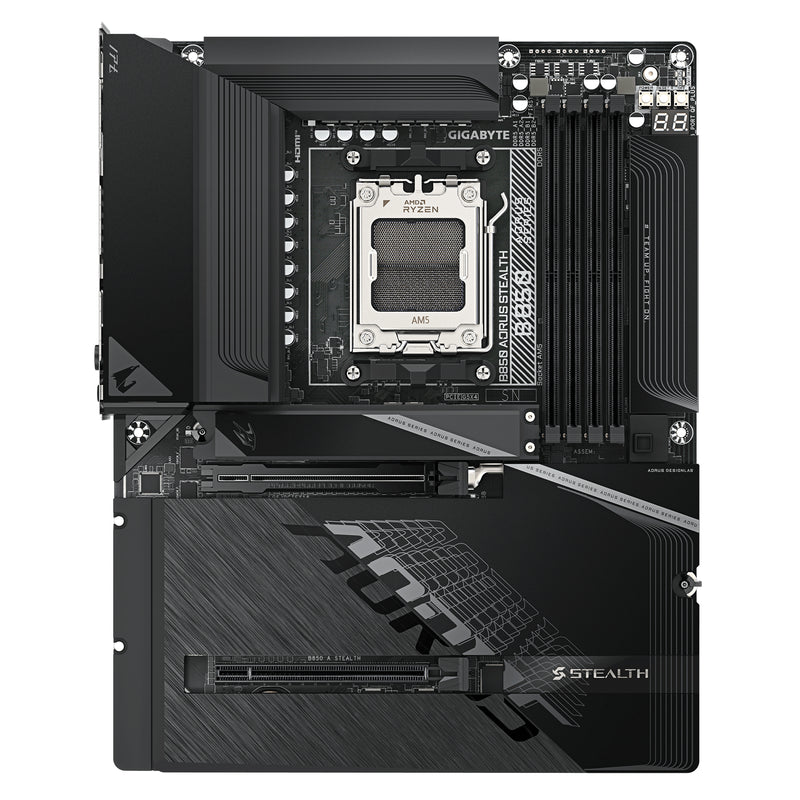 GIGABYTE B850 AORUS STEALTH Mainboard – AMD Ryzen 9000 Series CPUs, digitales 14+2+2-Phasen-VRM, bis zu 8200 MHz DDR5 (O.C.), 2× PCIe-5.0-M.2 + 2× PCIe-4.0-M.2, Wi-Fi 7, 5-GbE-LAN, USB 3.2 Gen 2