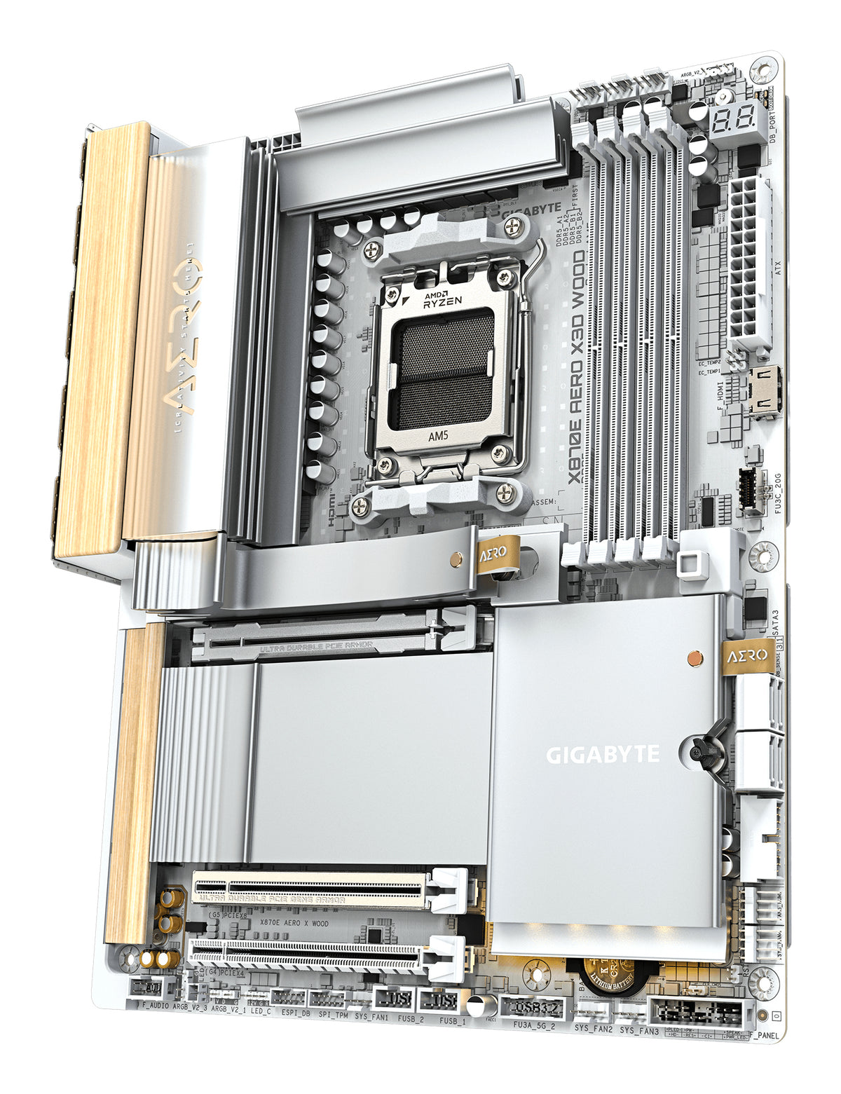 GIGABYTE X870E AERO X3D WOOD Mainboard - Unterstützt AMD Ryzen 9000 CPUs, digitales 16+2+2-Phasen-VRM, bis zu 9000Hz DDR5 (O.C.), 2xPCIe 5.0 + 2xPCIe 4.0, Wi-Fi 7, 5GbE LAN, USB 4
