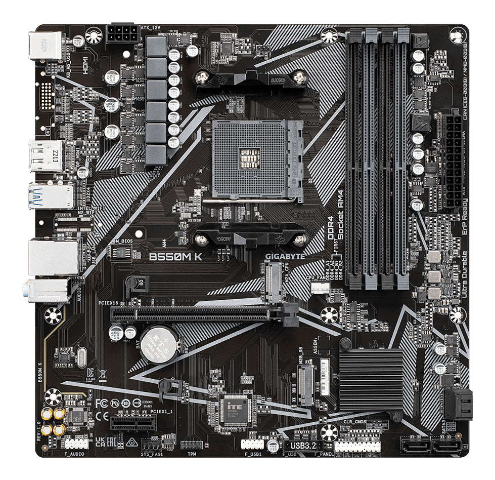 GIGABYTE B550M K Mainboard – AMD Ryzen 5000 CPUs, bis zu 4733 MHz DDR4, 1xPCIe 4.0 + 1xPCIe 3.0 M.2, 1GbE LAN, USB 3.2 Gen 1