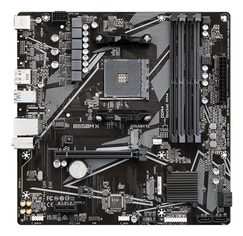 GIGABYTE B550M K Mainboard – AMD Ryzen 5000 CPUs, bis zu 4733 MHz DDR4, 1xPCIe 4.0 + 1xPCIe 3.0 M.2, 1GbE LAN, USB 3.2 Gen 1