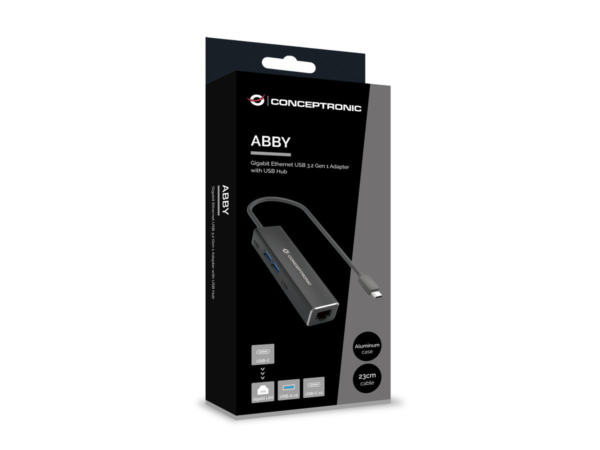 Conceptronic ABBY13B Gigabit Ethernet USB 3.2 Gen 1 Adapter mit USB-Hub, GbE, USB-A x 2, USB-C x 2