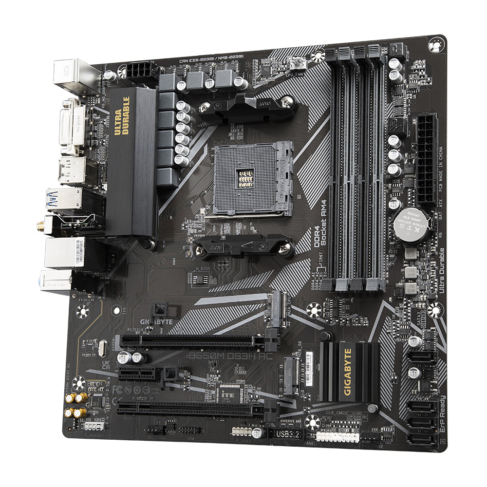 GIGABYTE B550M DS3H AC Mainboard – AMD Ryzen 5000 CPUs, 5+3 Phasen VRM, bis zu 4733 MHz DDR4, 1xPCIe 4.0 + 1xPCIe 3.0 M.2, Wi-Fi 5, 1GbE LAN, USB 3.2 Gen 1