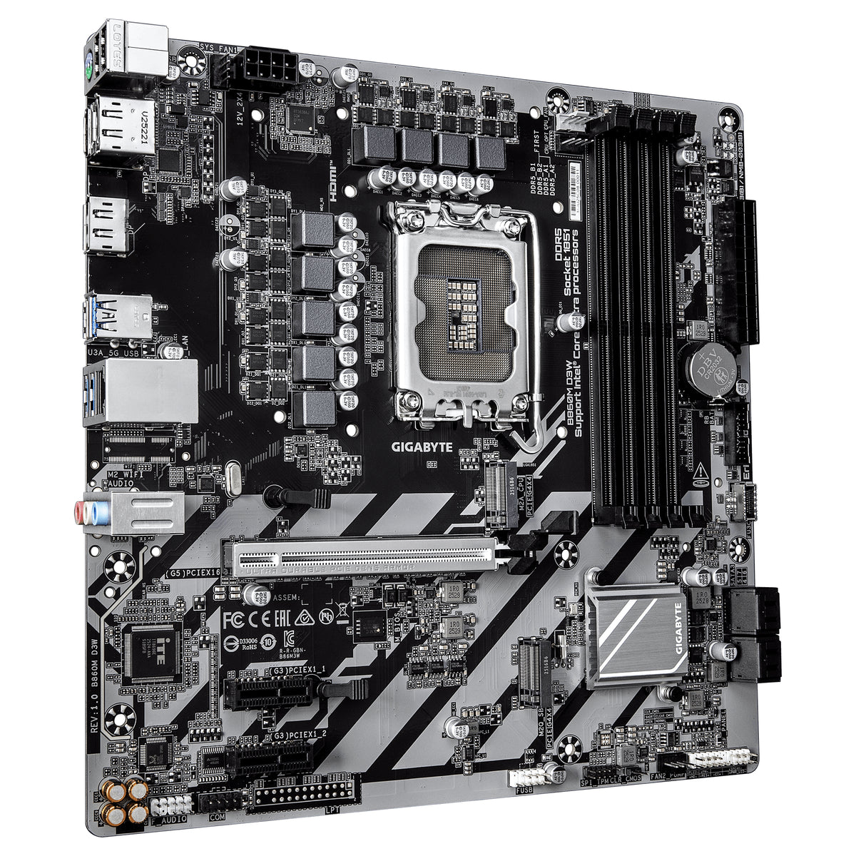 GIGABYTE B860M D3W Mainboard – Intel Core Ultra Series CPUs, 4+1+2-Phasen-VRM, bis zu 9066 MHz DDR5, 2× PCIe 4.0 M.2, 1-GbE-LAN, USB 3.2 Gen 1