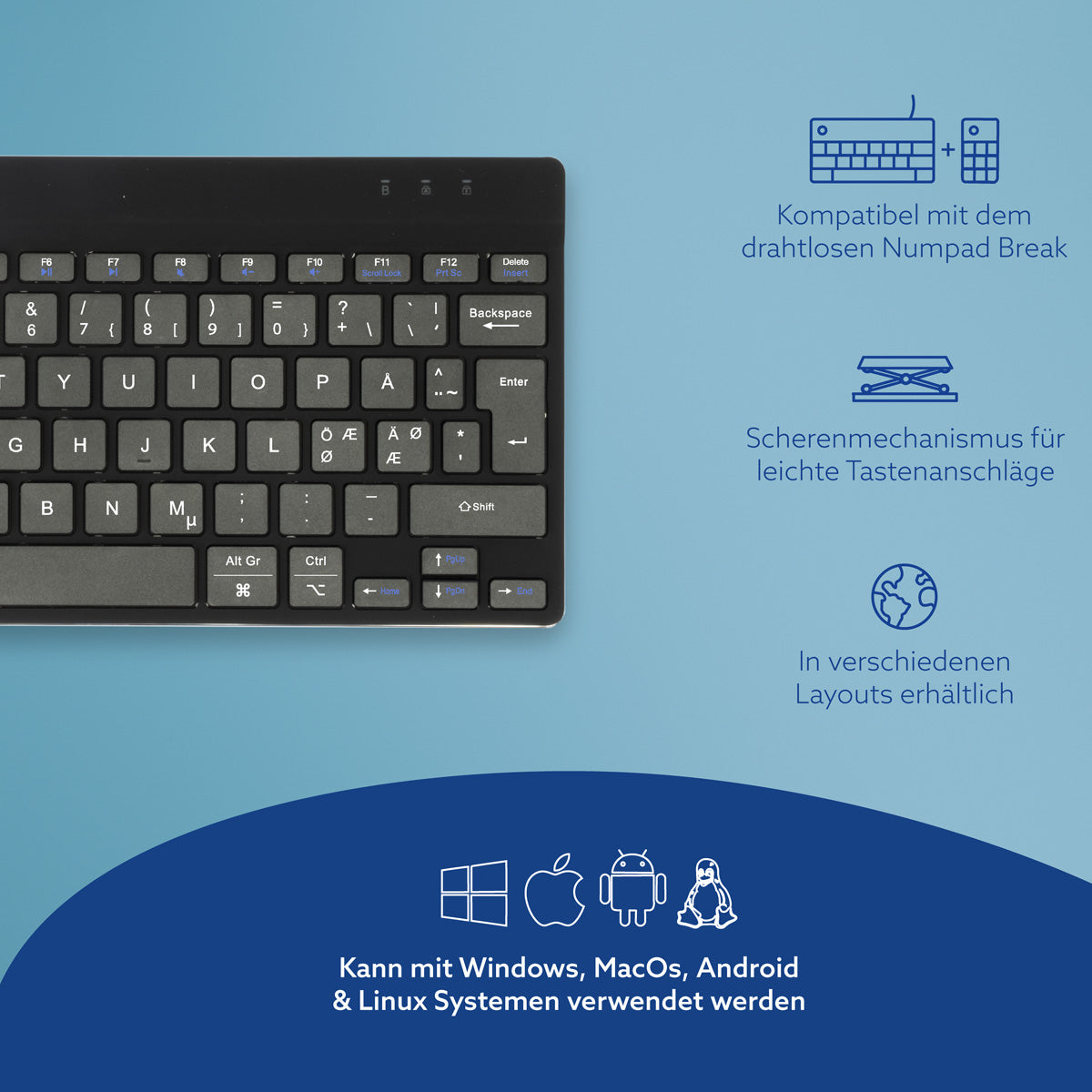 R-Go Tools Ergonomische Tastatur R-Go Compact Break, kompakte Tastatur mit Pausensoftware, QWERTY (NORDIC), Bluetooth, Schwarz