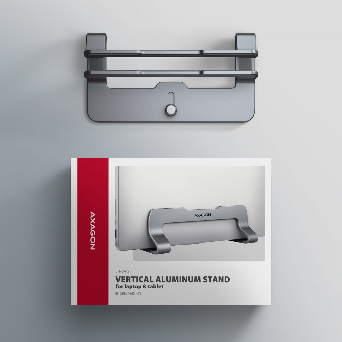 Axagon STND-VG Aluminiumständer für die vertikale Platzierung von Laptops mit einer Größe von 10"–17.3". Einstellbare Schlitzbreite 9.5–25.5 mm. Graue Version.
