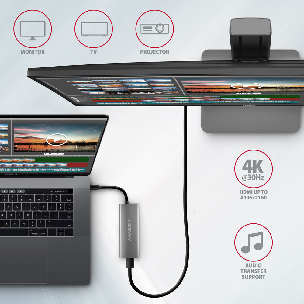 Axagon HMC-5G21 USB 10Gbps hub, 2x USB-A, 2x USB-C, HDMI 4k/30Hz, PD 60W, USB-C Kabel